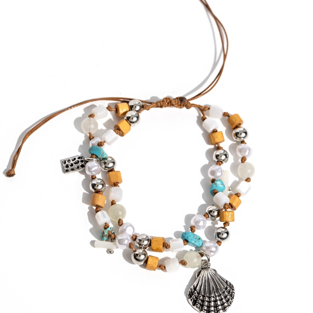 Bohemian Shell Charm Bracelet Silver  Turquoise Accents Coastline Celebration